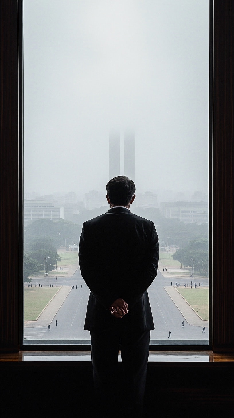 Homem de terno de costas observando Brasília pela janela